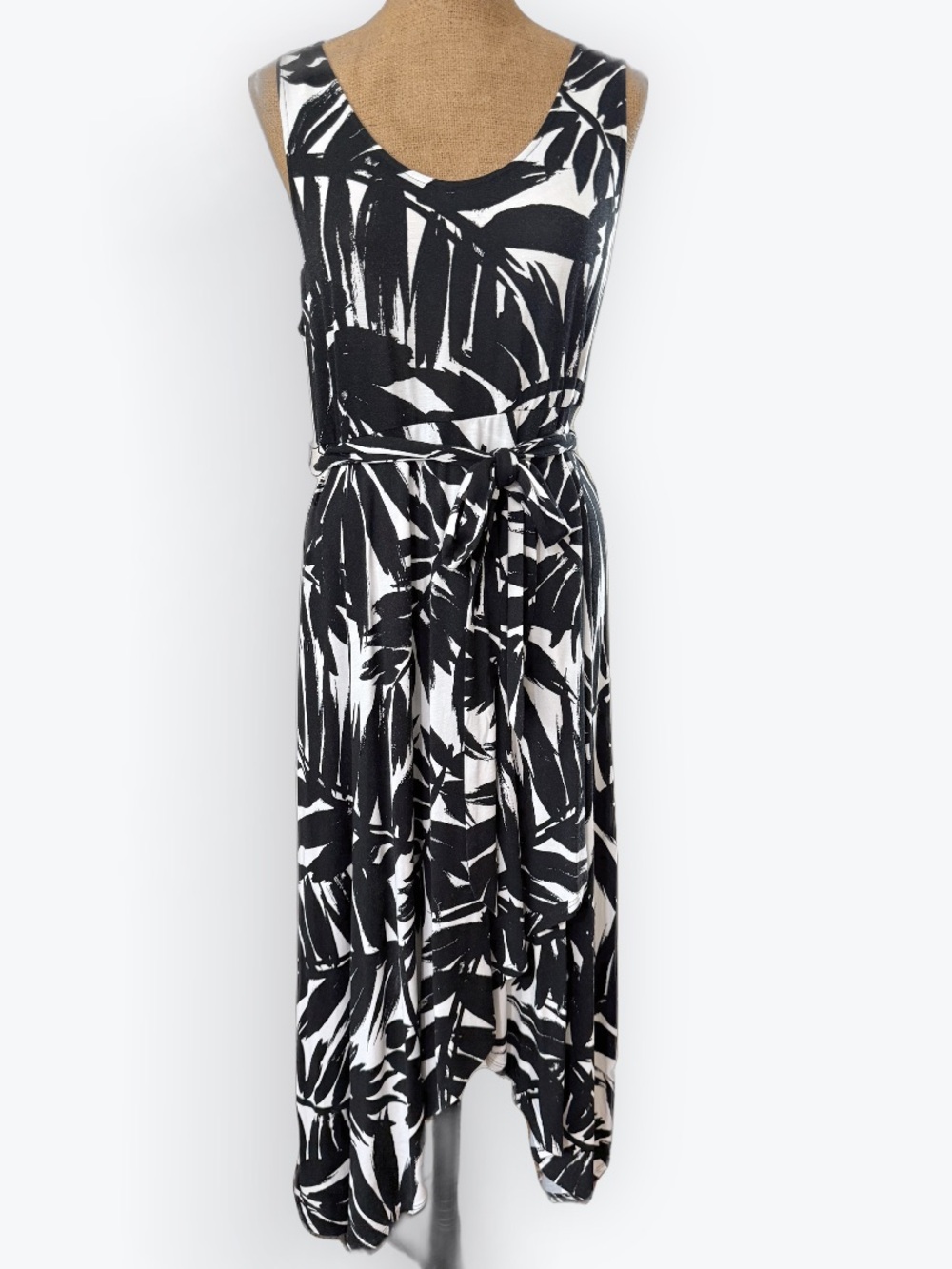 Soma Tropical Palm Faux Wrap Asymmetrical High-Low Black & White Dress Large